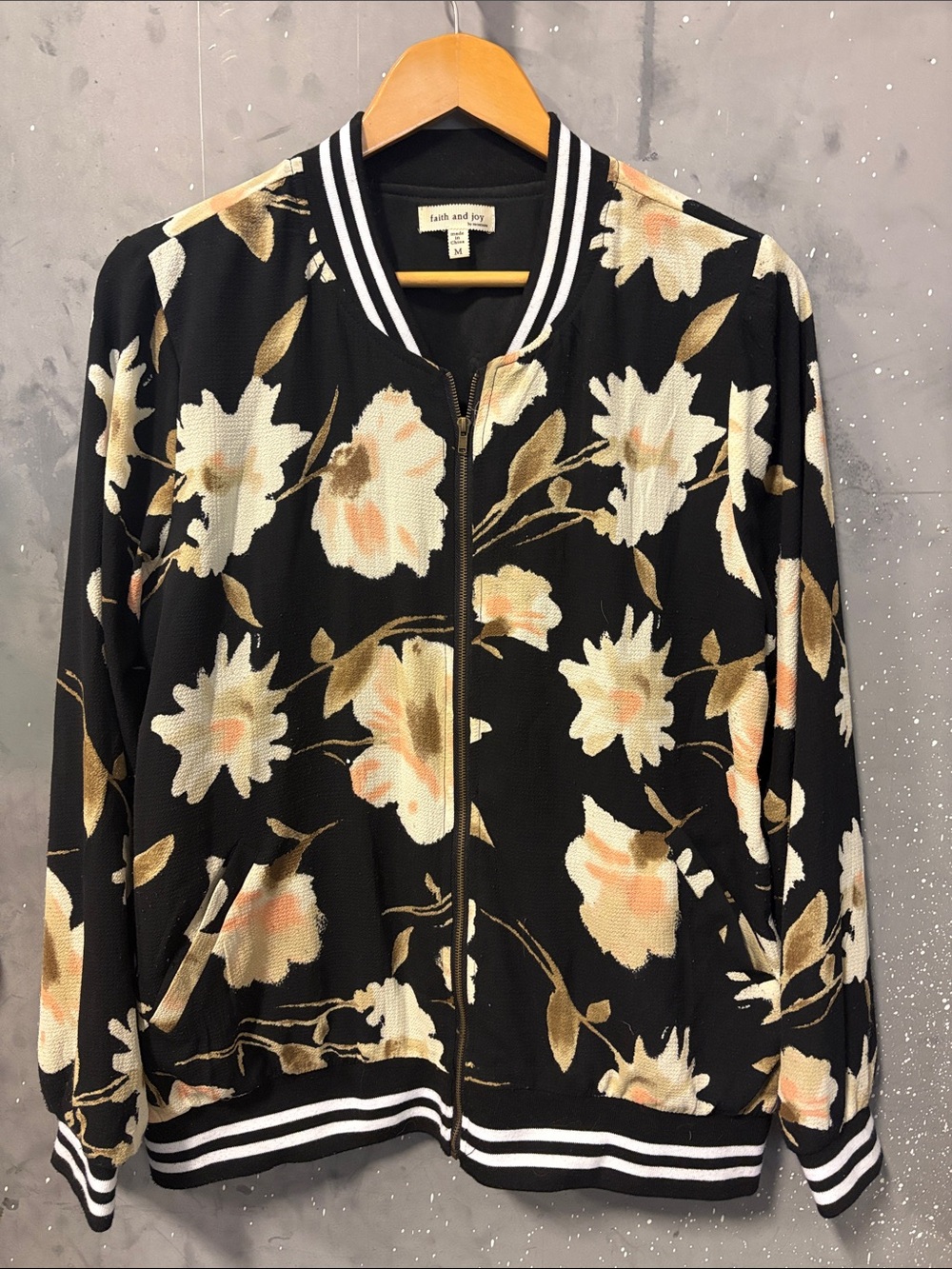 Faith and Joy Black Floral Bomber Jacket with Cream and Tan Blooms